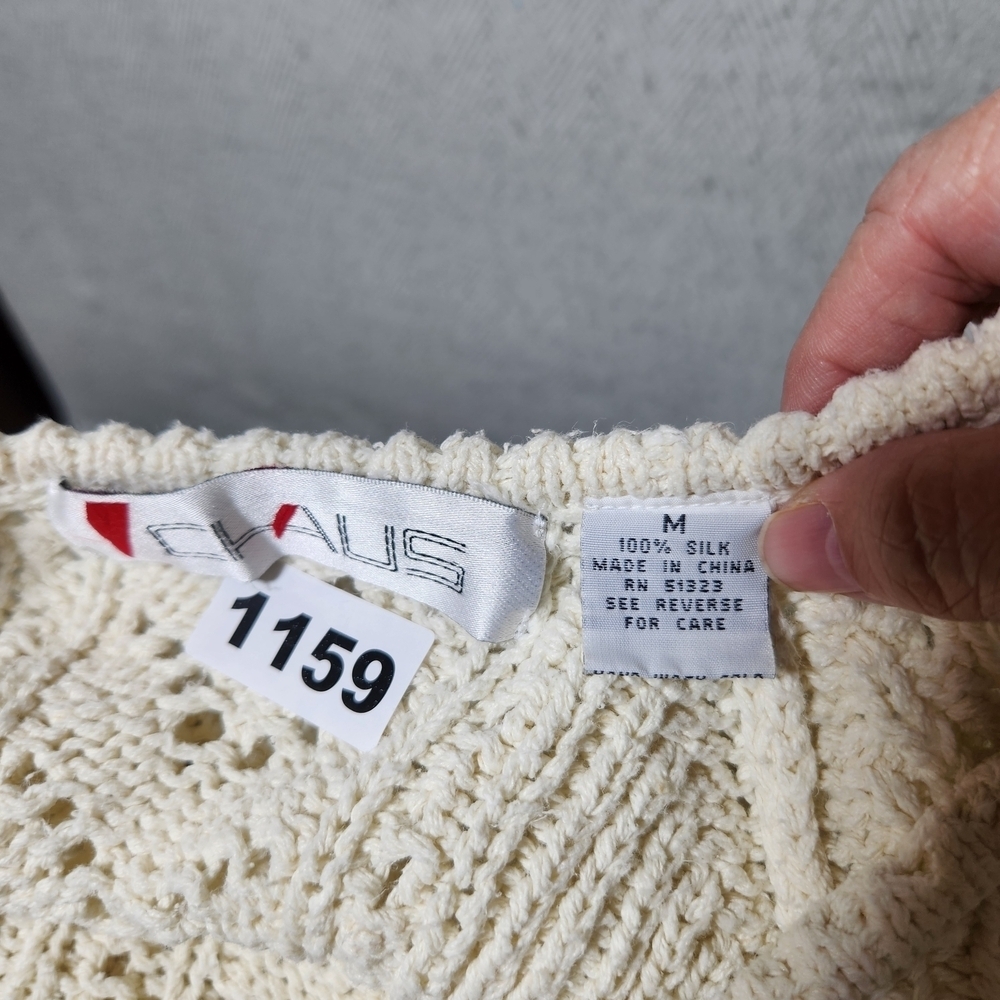 Vintage Claus Womens M Silk Cable Knit V-Neck Cream Sweater - Picture 2 of 7